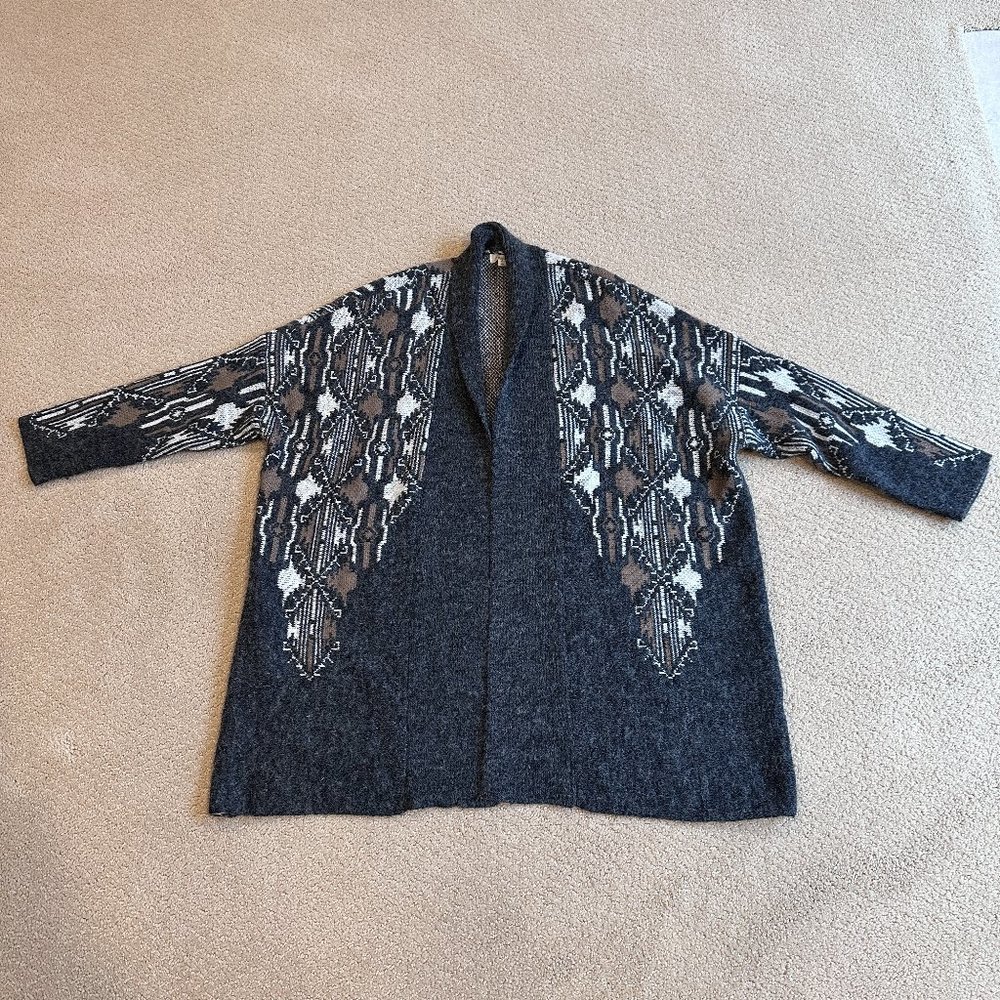 Debut Sweater Long Open Cardigan Boho Geometric Gray White Taupe Size M/L #C8023